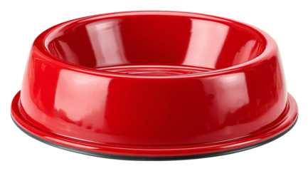 Photo of a shiny red pet food bowl sits empty on a plain transparent background, ready for use