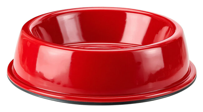 Photo of a shiny red pet food bowl sits empty on a plain transparent background, ready for use