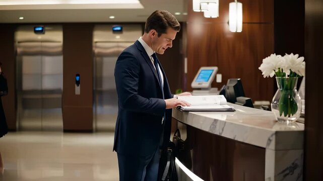Businessman looking at reception desk in upscale hotel lobby. Contemporary design with warm lighting creates welcoming atmosphere. Concept of hospitality, travel, corporate stays