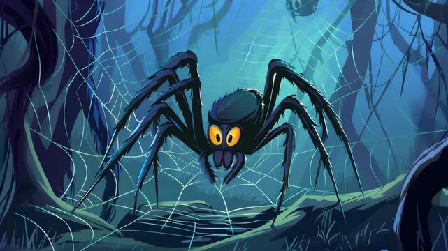Creepy Cartoon Halloween Spider in a Web. Seamless Loop