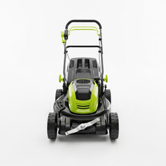 Electric push lawn mower front angle.
Modern electric lawn mower with black and green housing shown in isolated studio view.
