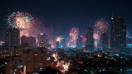 Chinese New Year fireworks over Makati at night, in Metro Manila, The Philippines., no logos, no brands