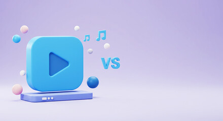 3D Rendered Video Play Icon on a Media Player Platform. A stylized comparison of streaming video vs audio content. Modern and minimalist design