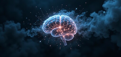 A glowing, digital 3D brain with neural connections illuminated against a dark background with smoky effects and sparkling light points.