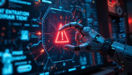 A robotic hand points to a glowing warning symbol on a futuristic digital interface filled with data and tech graphics.