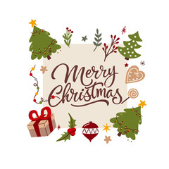 Vector New Year frame with festive elements. Holiday background.
