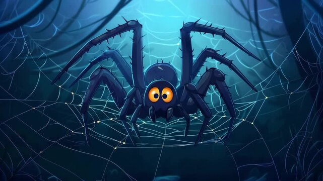Creepy Cartoon Halloween Spider in a Web. Seamless Loop