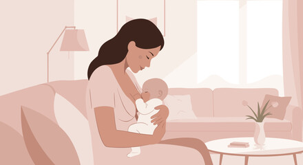 Mother holding her baby tenderly while sitting on a sofa indoors  