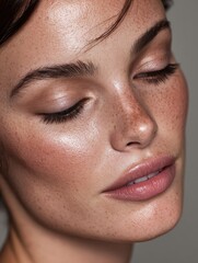 Fototapeta premium Close-up beauty portrait showcasing natural glowing skin, minimal makeup look with emphasis on luminous complexion, perfectly groomed eyebrows and soft neutral lips against grey backdrop.