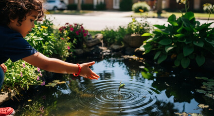 A curious young child with curly hair reaches towards ripples in a small, sunlit garden pond.
