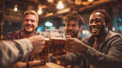 Happy mid adult friends clinking with beer mugs in pub. Three cheerful guys drinking draft beer, celebrating meeting and smiling. Laughing young men enjoying cold pint of beer during night at bar. ,
