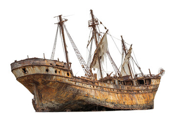 Photo of a weathered and rusty old sailing ship, a classic shipwreck with tattered sails and broken masts, isolated on a transparent background