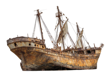Photo of a weathered and rusty old sailing ship, a classic shipwreck with tattered sails and broken masts, isolated on a transparent background
