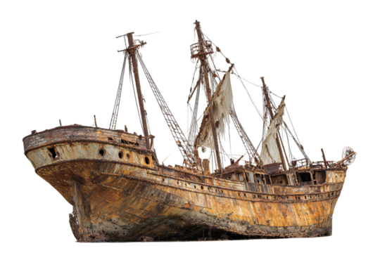 Photo of a weathered and rusty old sailing ship, a classic shipwreck with tattered sails and broken masts, isolated on a transparent background
