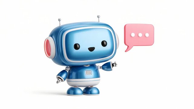 Cute blue cartoon robot with smiling face and pink speech bubble on white background in 3D illustration