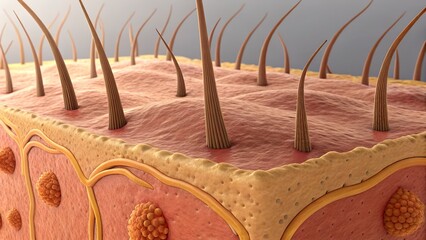 Hyperreal depiction of goosebumps — arrector pili muscles contracting around hair follicles in response to cold or emotional stimuli