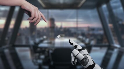 A futuristic office scene showing a robotic hand interacting with digital icons related to business and teamwork, symbolizing the integration of technology in modern workplaces. Auvana - Powered by Adobe