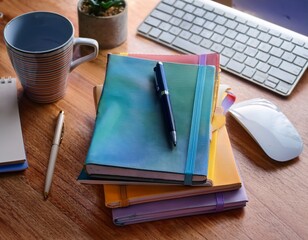 a neatly stacked pile of colorful notebooks sits on a wooden desk with a pen coffee mug and computer keyboard creating an inspiring workspace ambiance