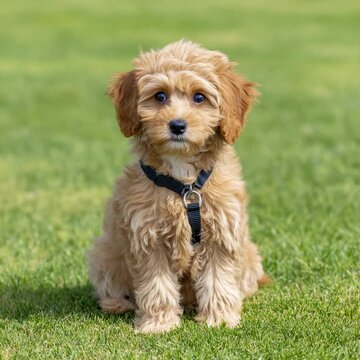 Adorable fluffy light brown Cavapoo puppy wearing black harness sitting on green grass in sunny park