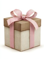 Obraz premium Square gift box, light beige and brown, tied with a pink ribbon