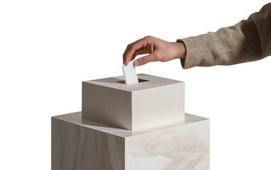 Product style image showing male hand placing a vote into a ballot box during election isolated on transparent background PNG