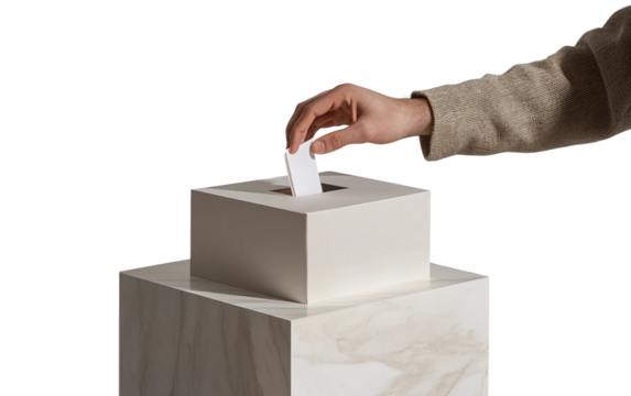 Product style image showing male hand placing a vote into a ballot box during election isolated on transparent background PNG