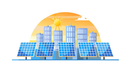 Solar energy panels in urban city landscape illustration for renewable power and sustainable technology use