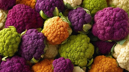 Colorful Cauliflower Medley: A vibrant assortment of purple, orange, green, and white cauliflower heads creates an appealing display of nature's bounty.