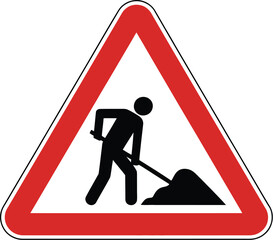 Road work ahead sign shows a man digging with a shovel.