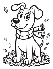Cute Autumn Dog Coloring Page – Adorable Cartoon Puppy in Cozy Scarf Playing with Falling Leaves for Kids Thanksgiving Fun

