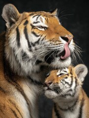 Fototapeta premium A mother tiger is licking her baby