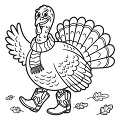 Classic Thanksgiving Turkey Coloring Page – Cartoon Harvest Turkey Bird with Feathers for Kids Holiday Activity

