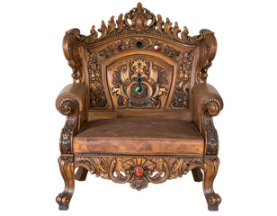 Majestic ornate throne chair featuring rich wood carving and vibrant gemstone embellishments for regal seating