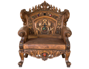 Majestic ornate throne chair featuring rich wood carving and vibrant gemstone embellishments for regal seating