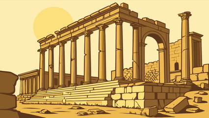 Explore ancient ruins architecture drawing of historical temple with columns and arches in desert landscape