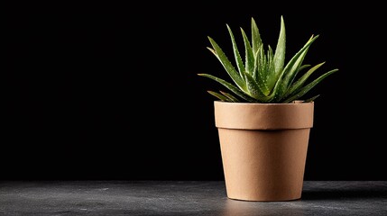 Aloe Plant in Pot. A vibrant aloe plant in a simple pot, set against a dark background. Perfect for minimalist decor, promoting wellness.
