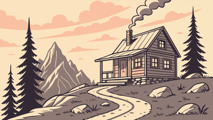 Illustration of mountain cabin retreat with chimney smoke and pine trees scenic landscape artwork