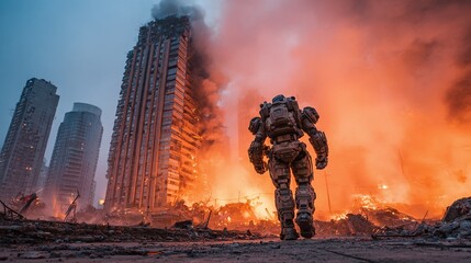 Armored robot walking away from a burning cityscape. Building in flames, smoke filling the air. Futuristic, damaged, post-apocalyptic scene.