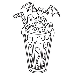 Spooky Halloween Milkshake Coloring Page – Creepy Milkshake Topped with Bat, Cookies, Straw, and Candy for Kids Trick or Treat Fun
