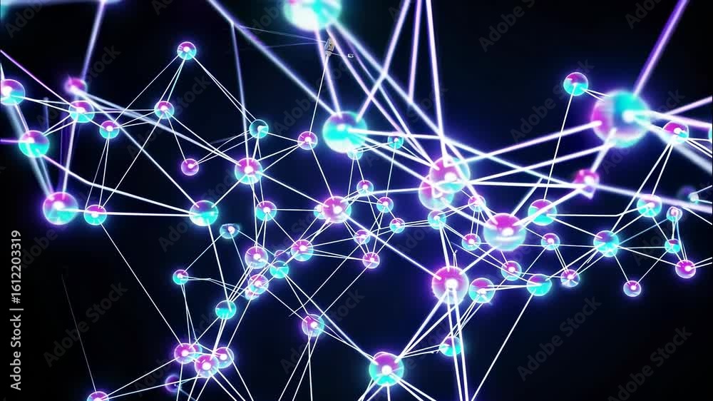Poster dynamic visualization of interconnected nodes with glowing effects illustrating complex data relatio
