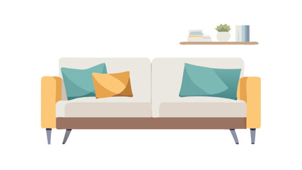 Modern sofa with pillows and shelf decor for living room furniture and home interior design ideas inspiration