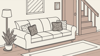 Living room interior design with sofa pillows plant and stairs home decor vector illustration style drawing