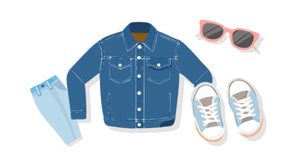 Stylish casual outfit with denim jacket jeans sneakers and sunglasses fashion apparel clothing accessories