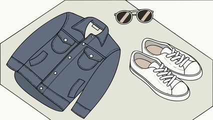 Fashionable outfit with denim jacket, white sneakers and sunglasses stylish apparel and accessories