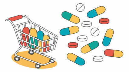 Buy medicine online pharmacy shopping cart with prescription pills and capsules healthcare concept vector