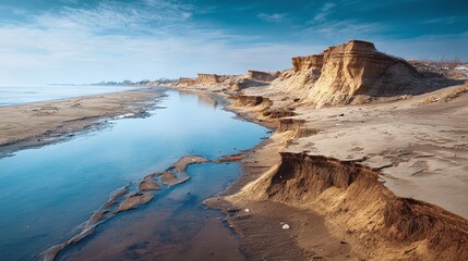 Coastal Erosion Landscape. Eroded cliffs meet the sea under a blue sky, illustrating nature's raw power and the effects of coastal processes on the shoreline.