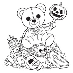 Stuffed Teddy Bear Surrounded by Jack-o'-Lanterns – Adorable Halloween Line Art for Young Kids