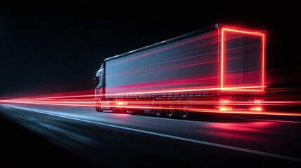 Truck speeding on the road at night with light trails. Transportation and logistics. Trucking industry concept. Fast freight. Business and commerce.