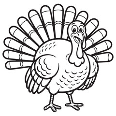 Simple Happy Thanksgiving Turkey Cartoon Standing Proudly - Easy Line Art for Kids Coloring Projects