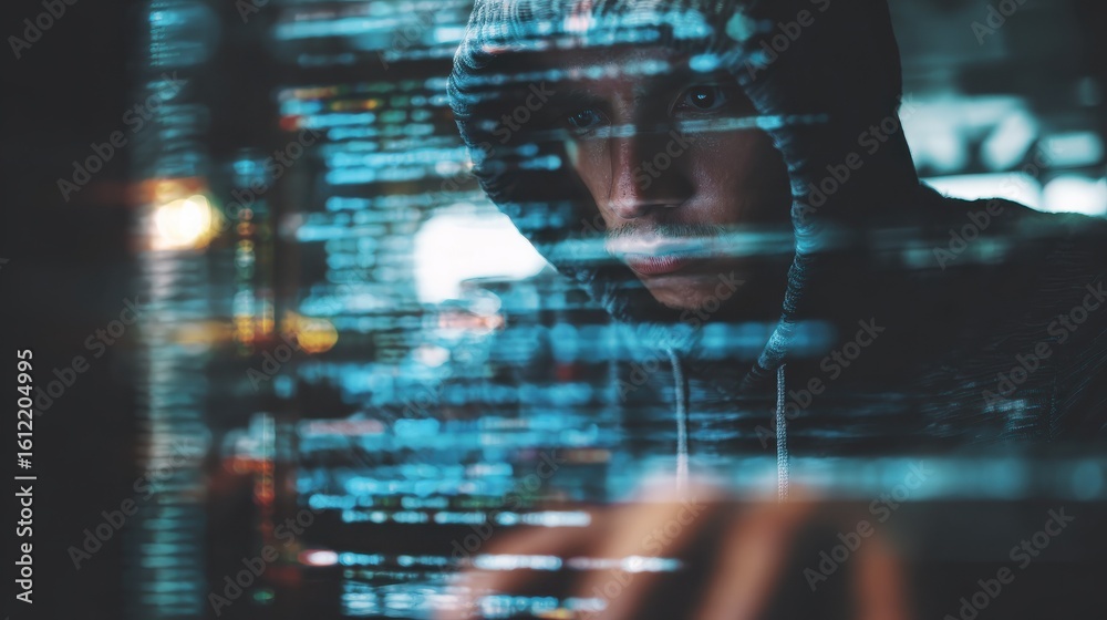Poster hacker programmer using computer with abstract html code. safety and programming concept. double exp